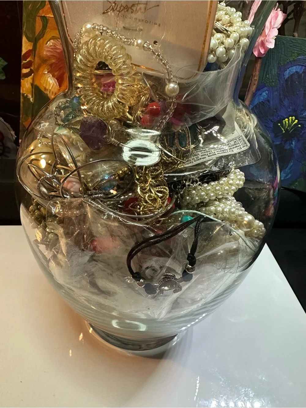 Glass Decorative Vase Filled with Gold and Pearl Accents - Unbranded